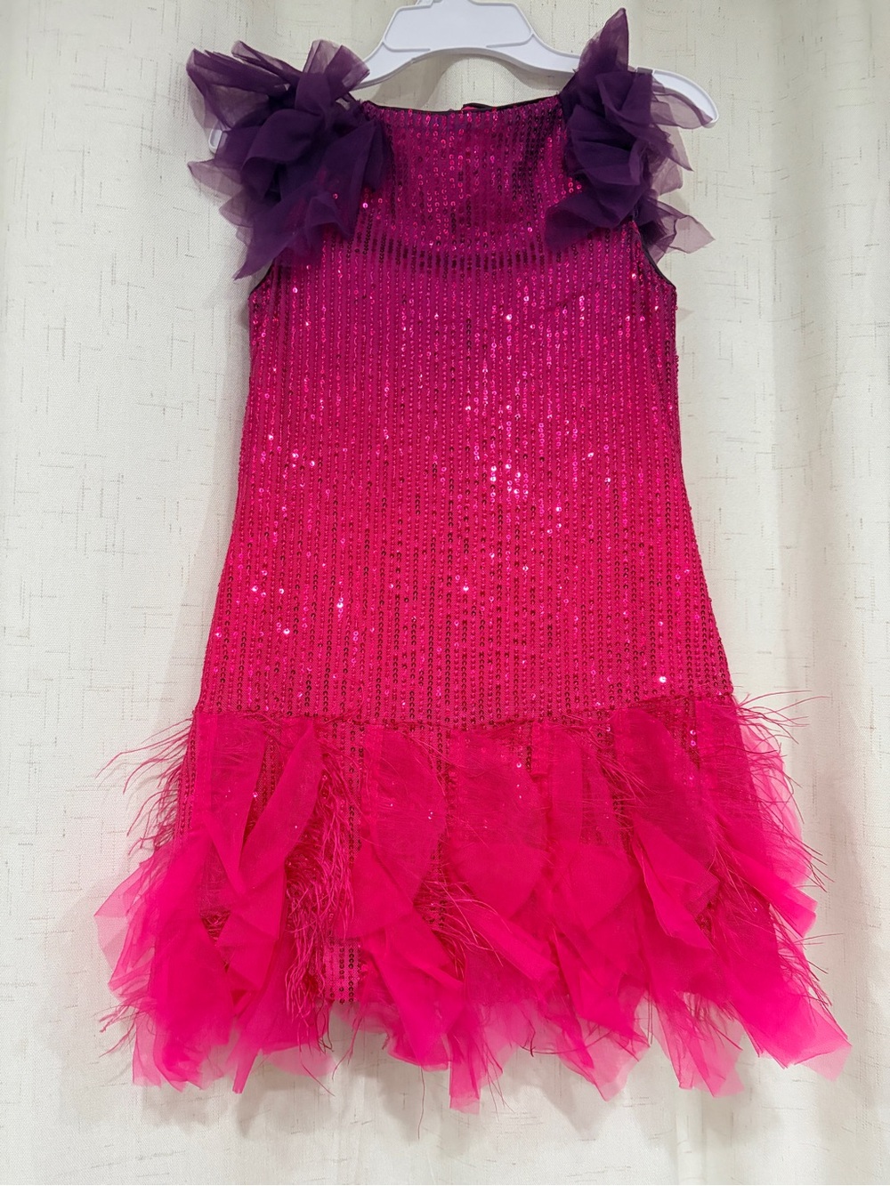 Girls Hot Pink Sequin Party Dress with Purple Ruffle Shoulders